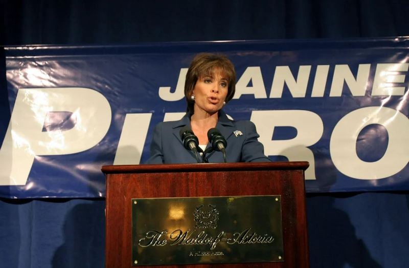 10 August 2005: Jeanine Pirro announcing her candidacy for the United States Senate against Hillary Clinton at a press conference at the Waldorf Astoria in Manhattan, New York City