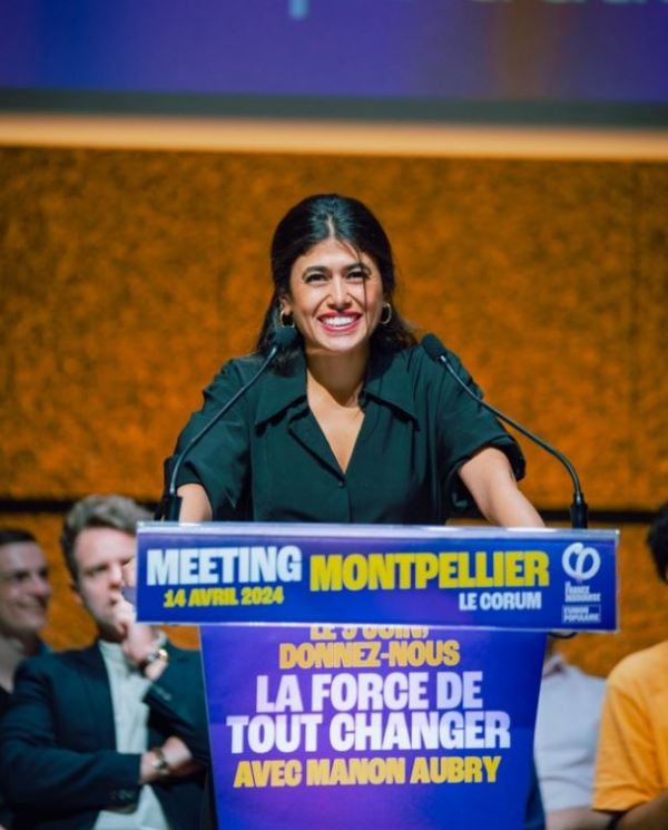 14 April 2024: Rima Hassan speaking at a public meeting in Montpellier as part of the European election campaign with La France Insoumise