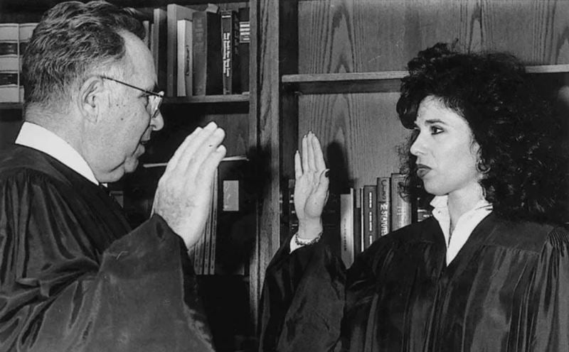 17 December 1990: Jeanine Pirro took the oath as Westchester County Court Judge with Judge Angelo Ingrassia in his chambers