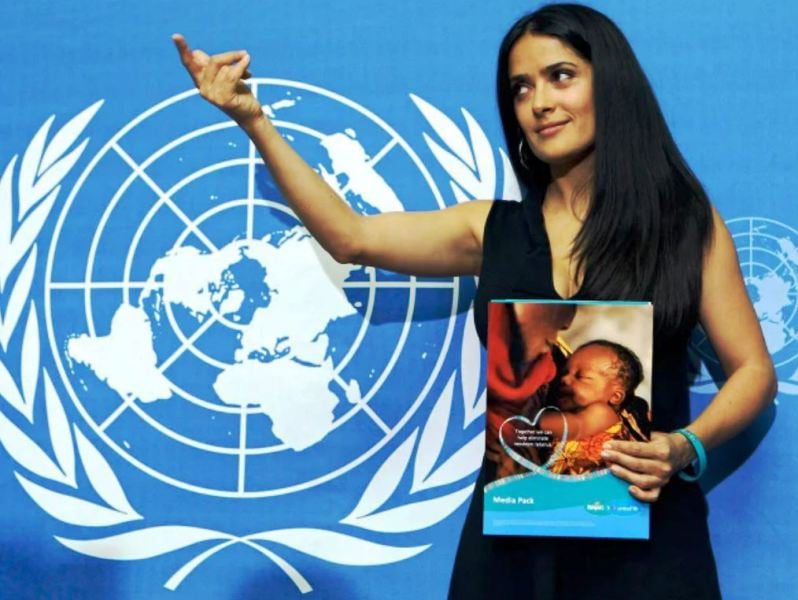 2 October 2008: Salma Hayek spoke at the UN in Geneva to launch the Pampers/UNICEF 