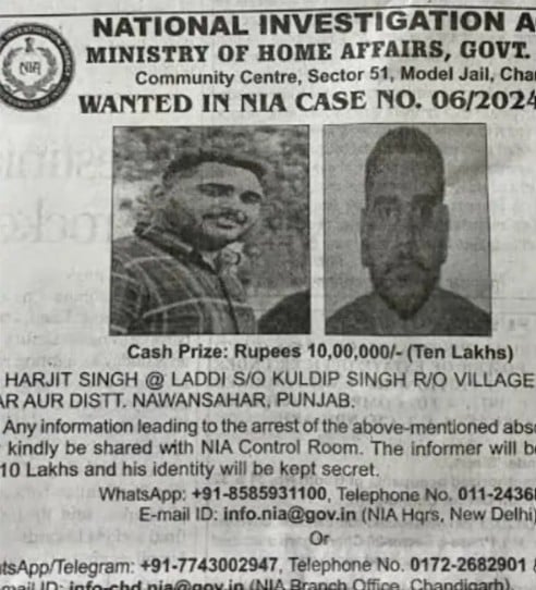 A Rs. 10 lakh reward issued by NIA against Harjeet Singh Laddi