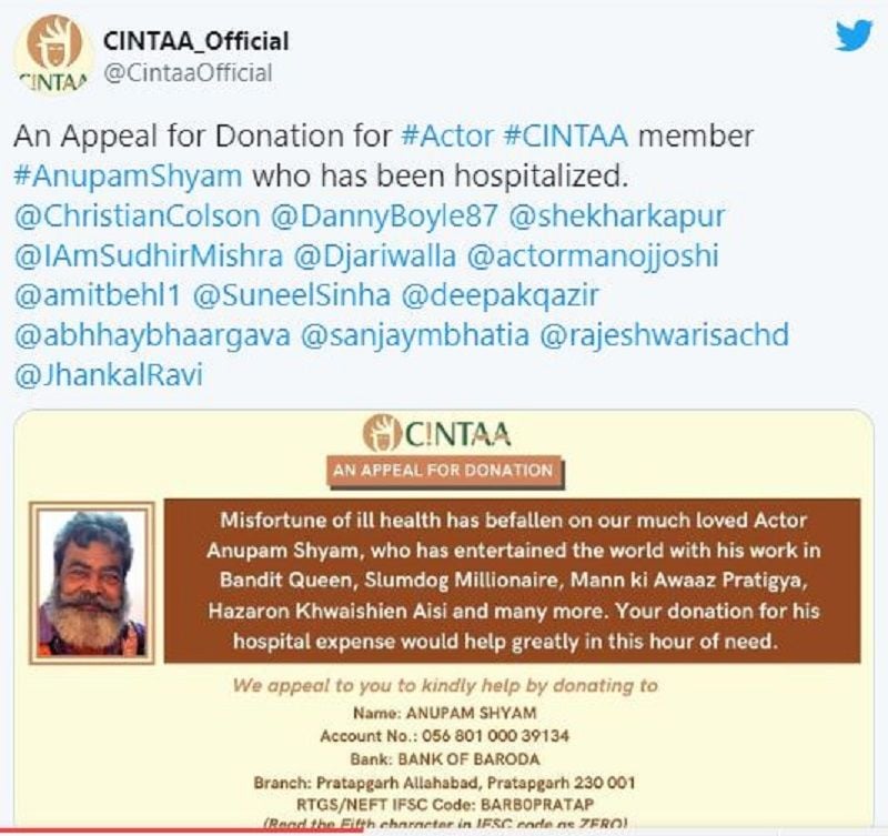 A Tweet By CINTAA for Anupam Shyam