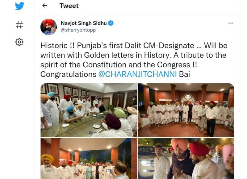 A Tweet by Navjot Singh Sidhu for Charanjit Singh Channi