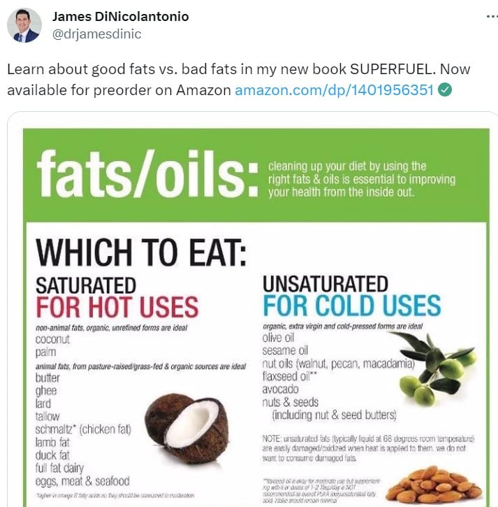 A Twitter post by James DiNicolantonio on coconut oil and seed oil
