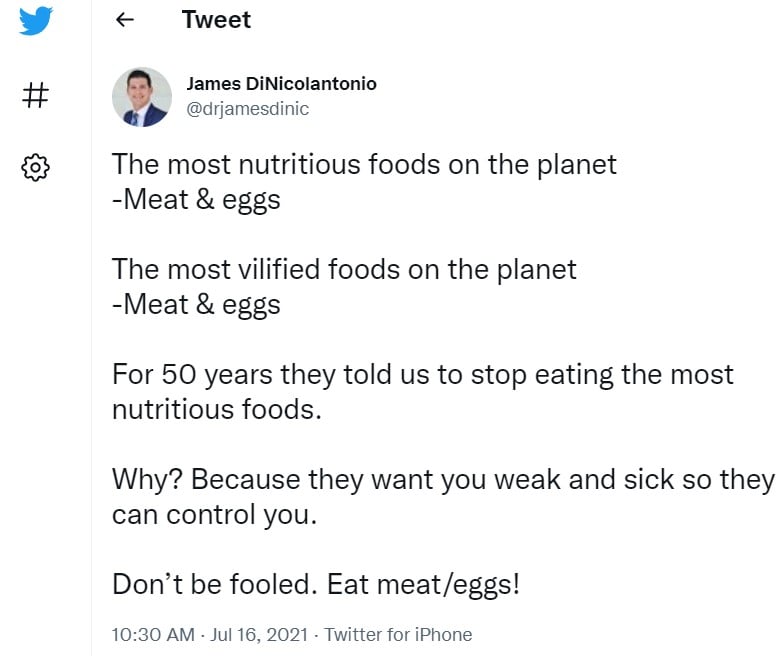 A Twitter post by James DiNicolantonio explaining his viewpoint on the manipulation by doctors and medical companies