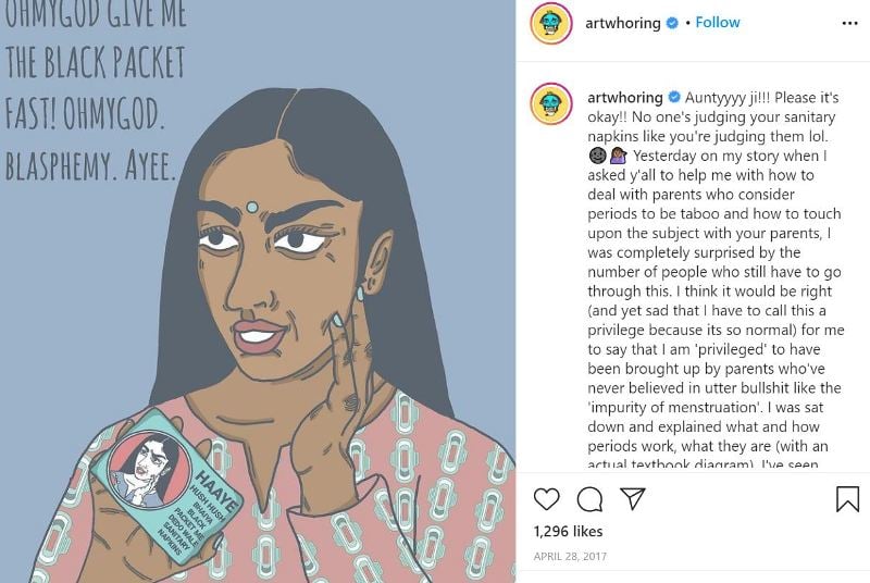 A cartoon image of a woman while demanding a black packet to carry her sanitary pads - An image by Priyanka Paul