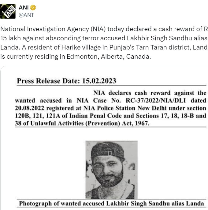 A cash reward announced by the National Investigation Agency (NIA) of India in February 2023