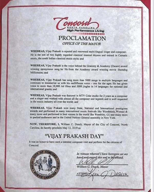 A certificate of proclamation of Vijay Prakash Day given by the Mayor of the Concord City