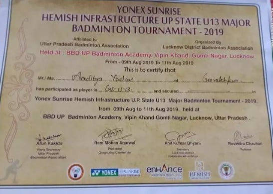 A certificate won by Aditya Yadav in a badminton tournament in 2019