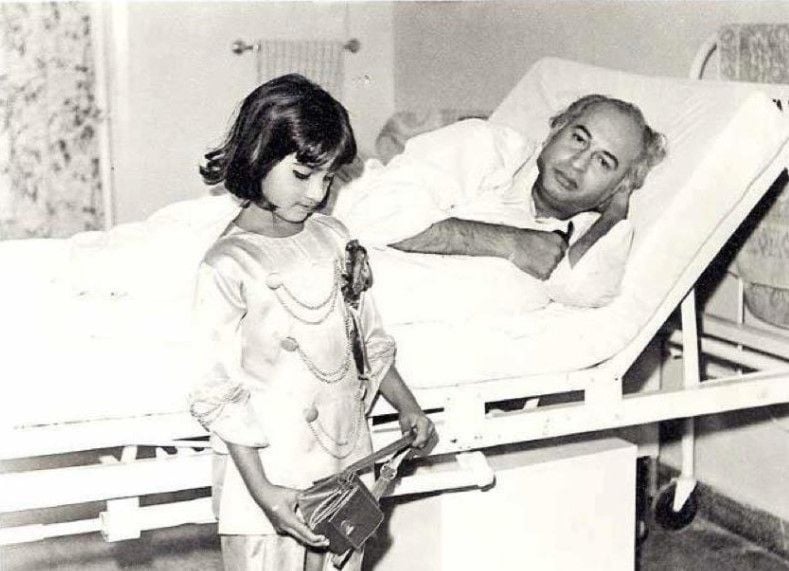 A childhood image of Benazir Bhutto with her father