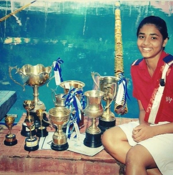 Sapthami Gowda with her trophies that she won in various swimming competitions