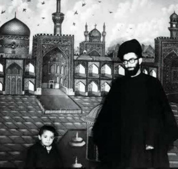 A childhood photo of Mostafa Khamenei with his father, Ali Khamenei