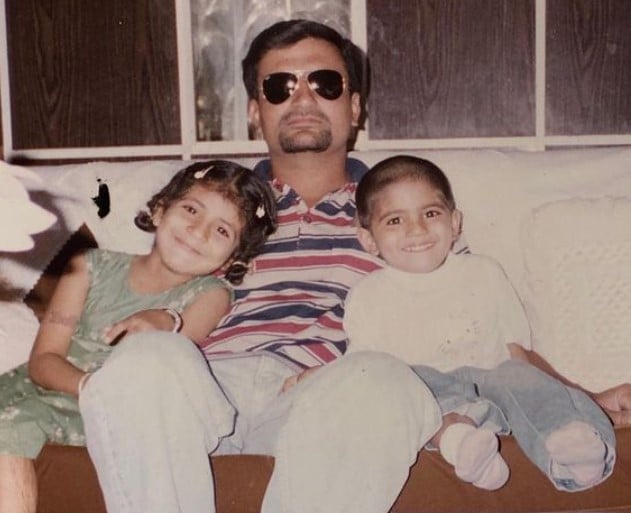 A childhood photo of Shubman Gill with his father and sister