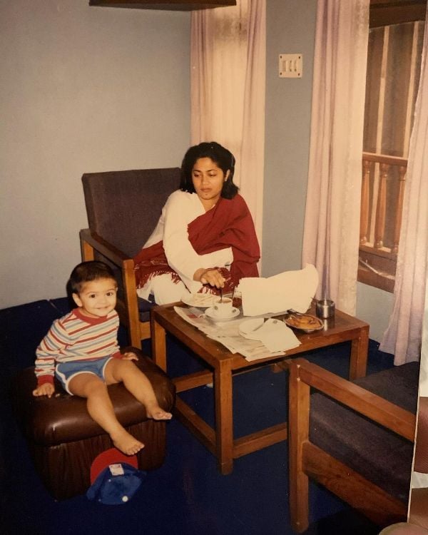 A childhood picture of Ali Fazal with his mother