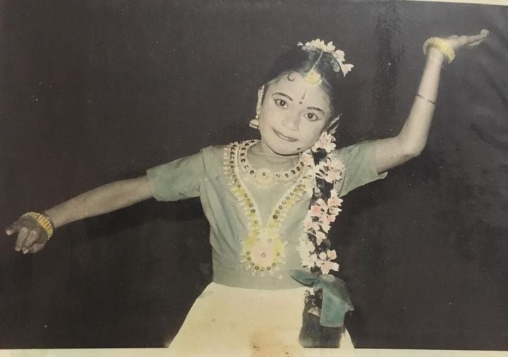 A childhood picture of B. R. Chaya while performing Bharatanatyam in her school