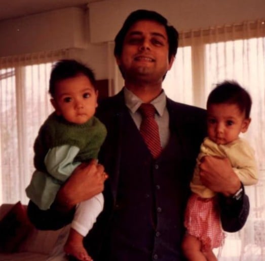 A childhood picture of Ishaan Tharoor (in yellow t-shirt) with his father and twin brother