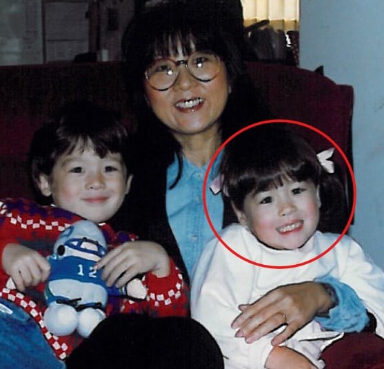 A childhood picture of Mina Kimes with her mother and brother