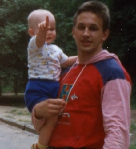 A childhood picture of Vitalik Buterin with his father in Russia