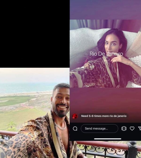 A collage featuring Mahieka Sharma and Hardik Pandya, both seen in matching bathrobes