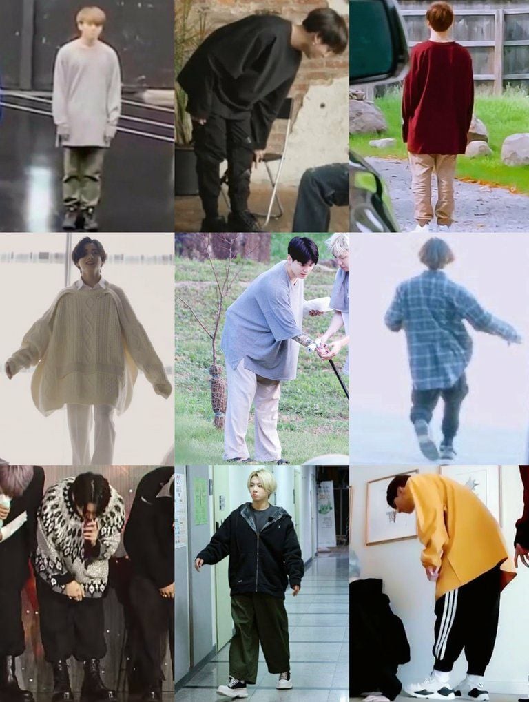 A collage of Jungkook wearing baggy clothes
