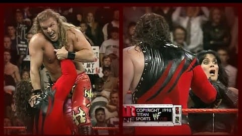 A collage of Kane choke-slamming Triple H and Chyna after they interfered in his match against X-Pac