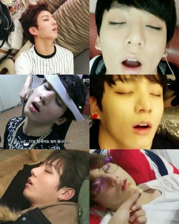 A collage of images in which Jungkook is sleeping with his mouth open