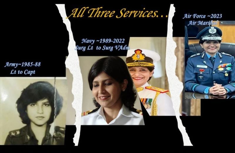 A collage of photos of Arti taken while she served in the Army, Navy, and Air Force