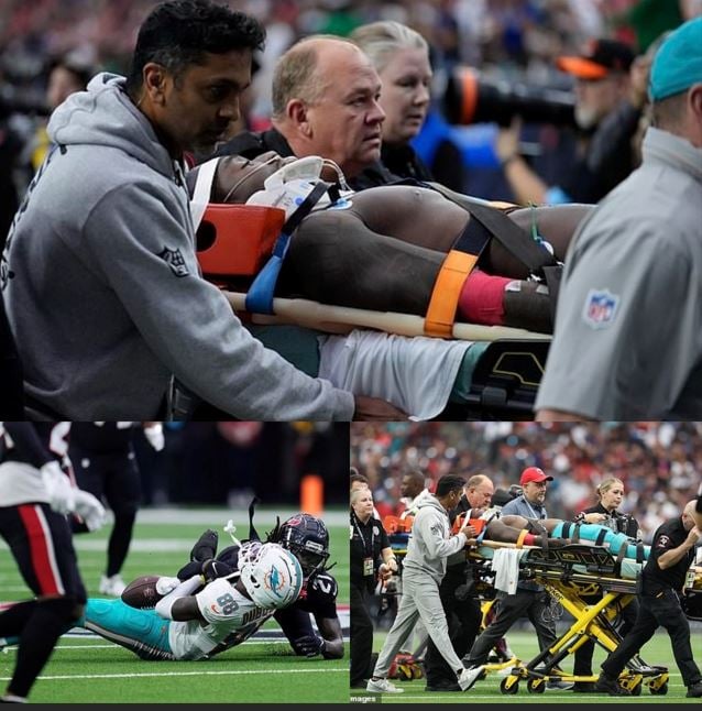A collage of photos of Grant DuBose being taken on a stretcher after the injury