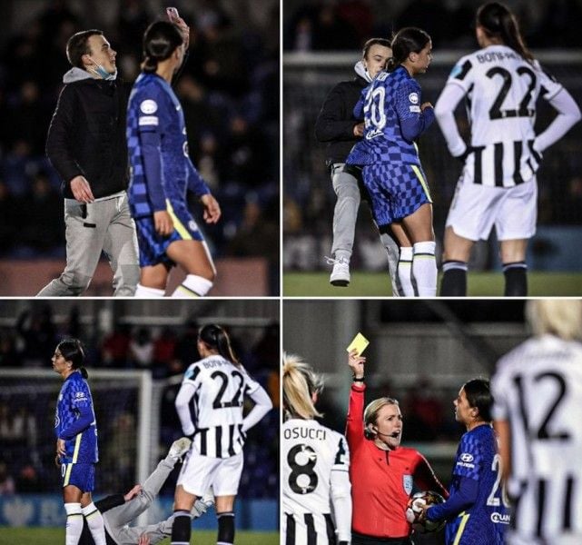 A collage of photos showing Sam Kerr knocking down a pitch invader