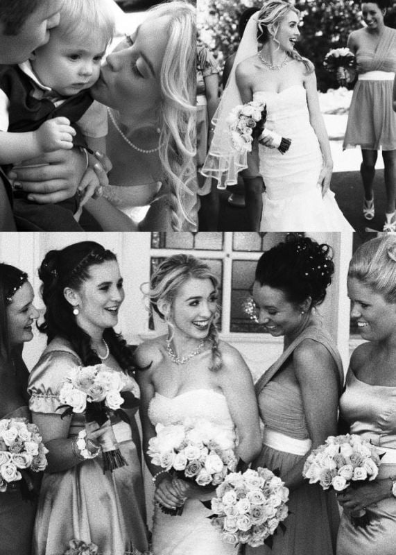 A collage of wedding pictures of Alex Nation and Joel Porter, along with their Elijah