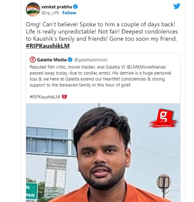 A condolence note on twitter for Kaushik LM