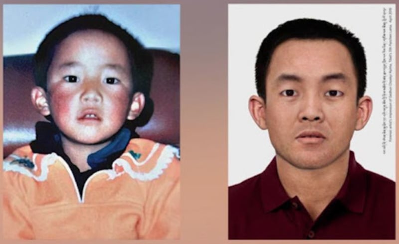 A forensic artist produced a reconstruction of how Gedhun Choekyi Nyima could look (right) at the age of 30