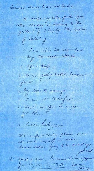 A letter written by Vijayant to his parents after the capture of Tololing