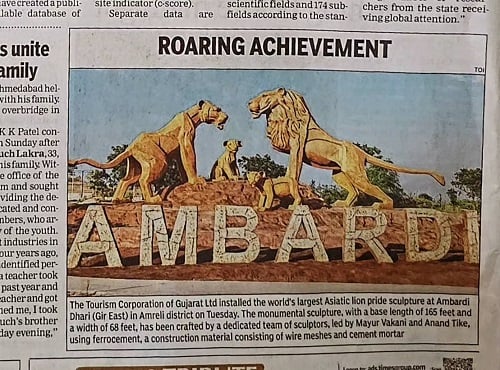 A newspaper cutting of argest Asiatic lion pride sculpturre at Ambardi Safari Park created by Mayur Vakani