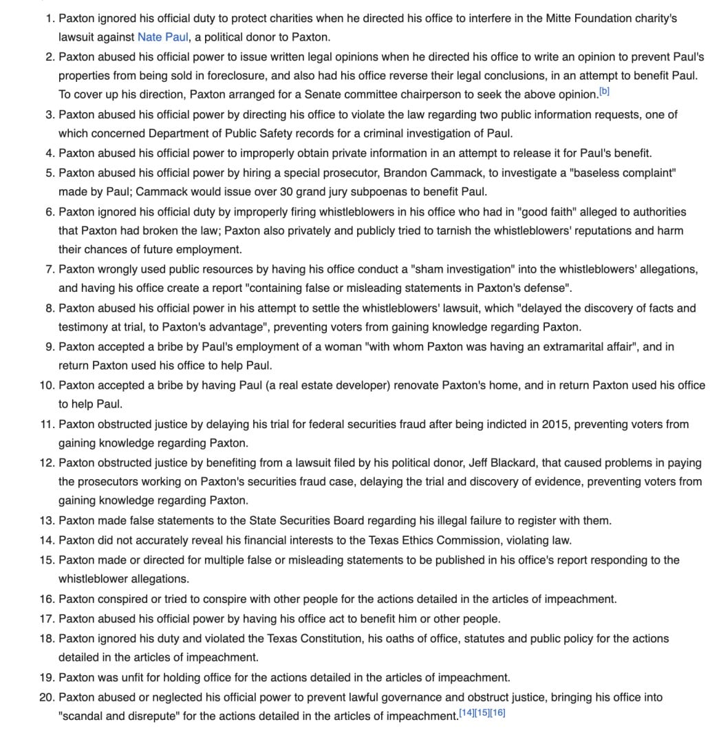 A picture showing a list of 20 articles presented during Ken Paxton