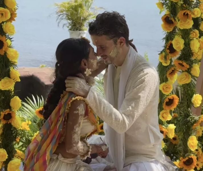 A photo of Sreejita and Michael taken during their haldi ceremony