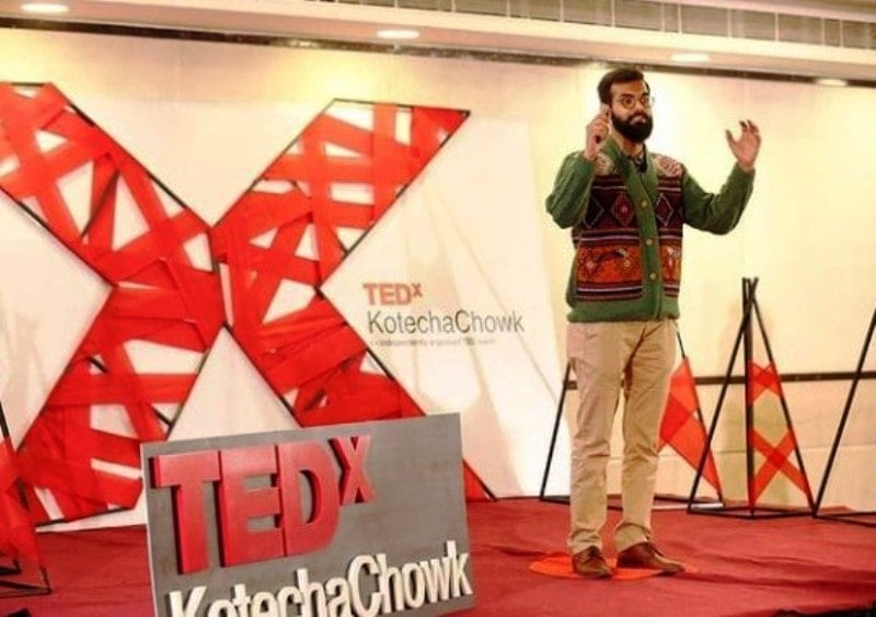 A photo of Anurag Maloo taken while he was giving a speech at TEDx