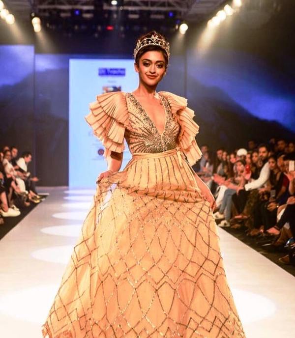 A photo of Gayatri Bhardwaj taken while she was walking the ramp for the designer Nivedita Saboo