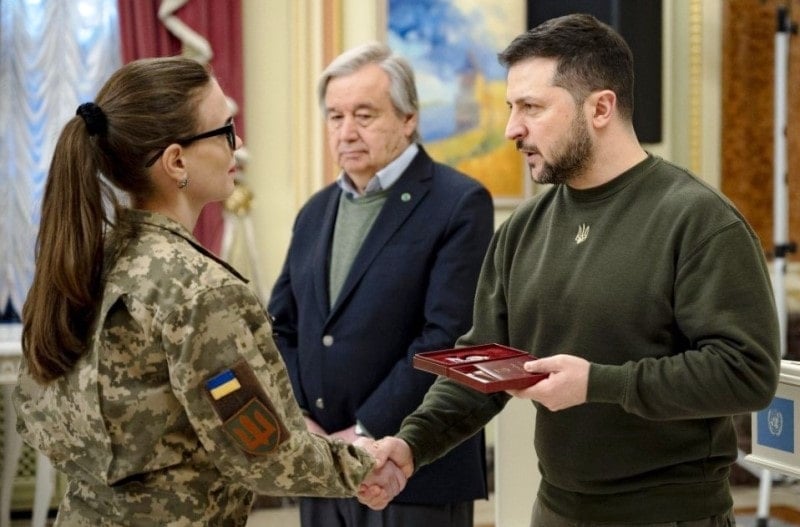 A photo of Guterres taken when Zelensky was awarding gallantry medals to his soldiers