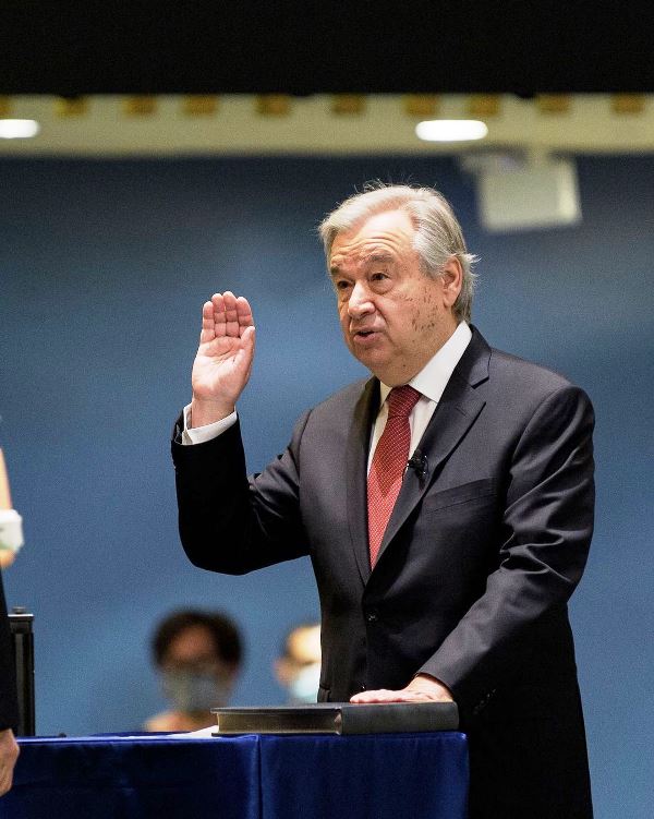 A photo of Guterres taken while he was being administered the oath as the ninth Secretary-General