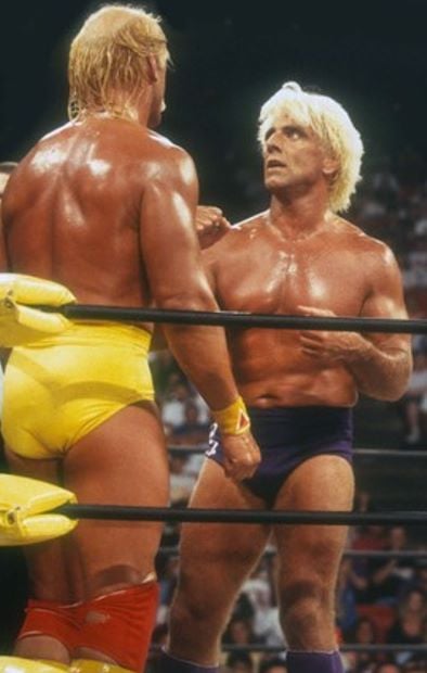 A photo of Hulk Hogan wrestling with Ric Flair