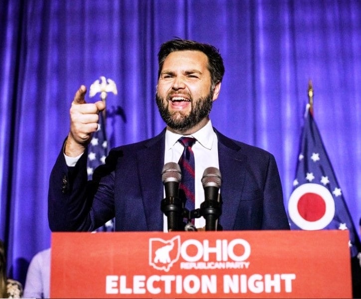 A photo of J. D. Vance taken when he was addressing a rally before the elections