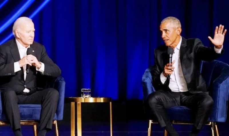 A photo of Joe Biden and Barack Obama taken during a political debate in 2008