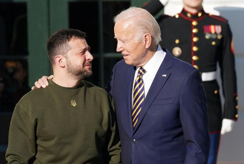 A photo of Joe Biden taken with the President of Ukraine Zelensky