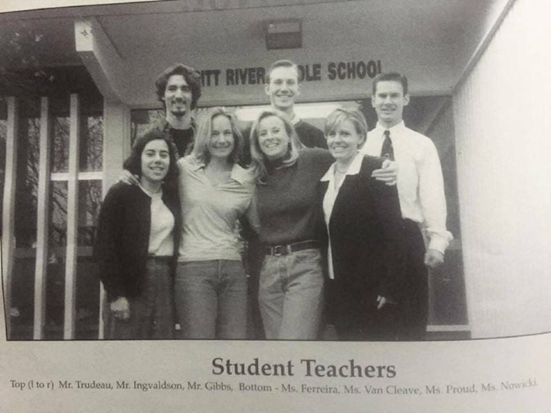 A photo of Justin Trudeau taken with other teachers at a school