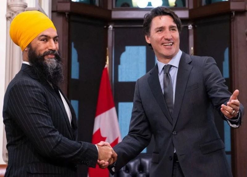 A photo of Justin Trudeau with pro-Khalistan Canadian politician Jagmeet Singh