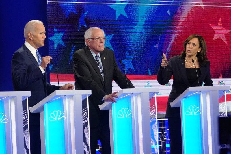 A photo of Kamala Harris and Joe Biden taken while they were debating one another during primary Presidential candidate selection elections