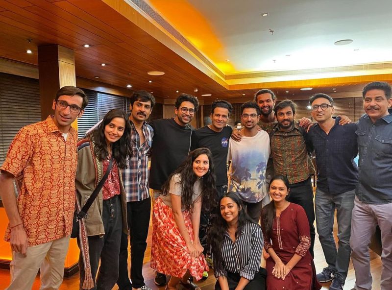 A photo of Rahul (standing second from right) taken with the cast and crew of Gulmohar
