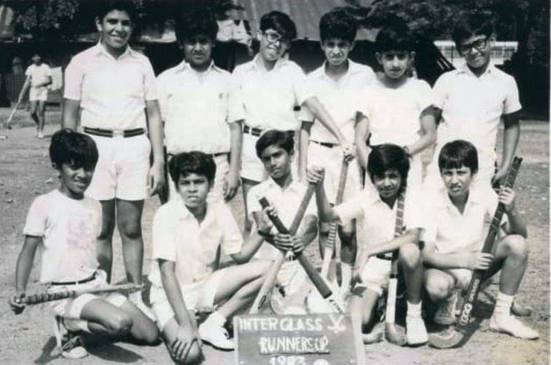 A photo of Sunjay Kapur (standing left) taken while he was posing with his friends after a hockey match in 1983