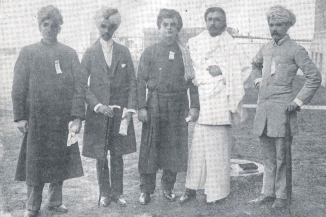 A photo of Swami Vivekananda (in the center) taken while he was with the religious leaders at Parliament of the World